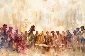 Fototapeta premium Jesus Christ surrounded by people breaking bread at a table with wine glasses and bowls. Minimalist watercolor painting style with beige color palette and ethereal atmosphere.