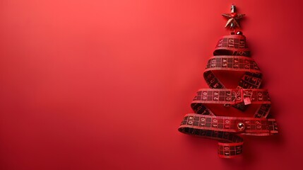 Red measuring tape in the shape of a Christmas tree on red background