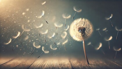 Naklejka premium Dandelion Seeds Floating in the Wind.