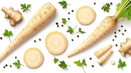 Parsnip root and slices with parsley peppercorns isolated on white background with copy space for your text. Top view. Flat lay.