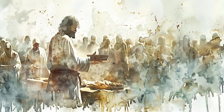 Biblical scene of Jesus Christ feeding 5000 with bread, fish. People gather around him in serene landscape with watercolor-like hues. Minimalist style with beige color palette, ethereal atmosphere.