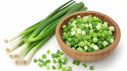 Green onion in wooden bowl isolated on the white background. Top view. Flat lay.