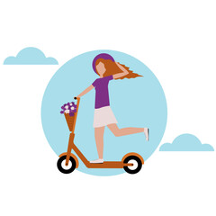 Young girl on a scooter, Rent a scooter. Flat style, side view on a white background. Concept - scooter for rent, for a mobile application, banner, landing page.