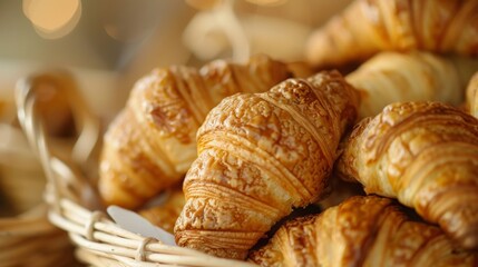 Closeup of delicious freshly baked crispy croissants placed in a basket in a bakery kitchen