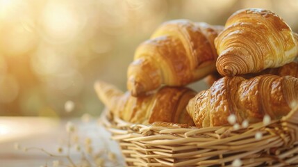Closeup of delicious freshly baked crispy croissants placed in a basket in a bakery kitchen