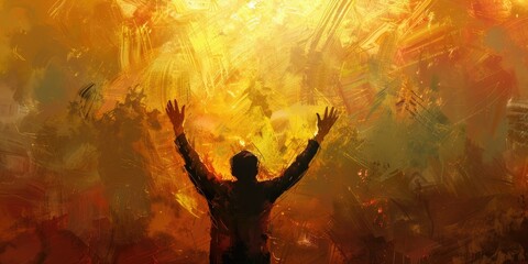 Watercolor artwork of spiritually uplifted man raising arms to worship god. Religious and spirituality concept.