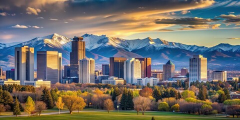 Denver skyline with majestic mountains in the background, Denver, skyline, mountains, Colorado, cityscape