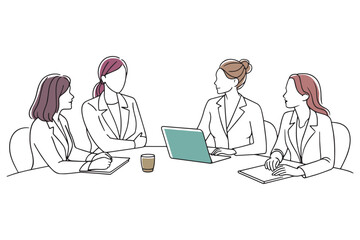 Diverse group of professional women discussing business strategies in a meeting Hand drawn offset fill with doodle illustration.