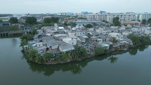 Mosque Amongst North Jakarta Slums Near Pluit Lake Penjaringan At Sunset Indonesia