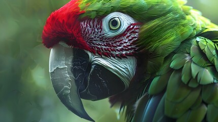 Close-up of a wild green macaw parrot