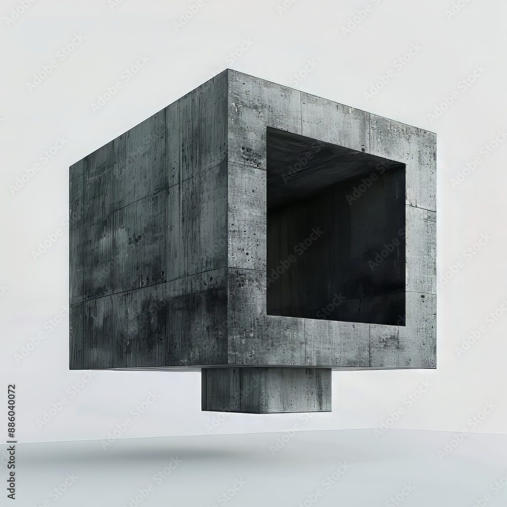Poster minimalist concrete cube with a square opening floating in a white void