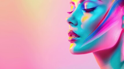 Fototapeta premium Close-up of a woman's face with vibrant neon makeup, illuminated in colorful, artistic light against a pastel background.