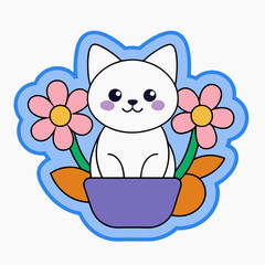 Cartoon a cute cat sitting by the window surrounded with flowers in a pot, on a white background