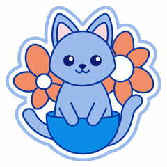 Cartoon a cute cat sitting by the window surrounded with flowers in a pot, on a white background