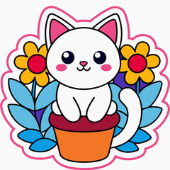 Cartoon a cute cat sitting by the window surrounded with flowers in a pot, on a white background