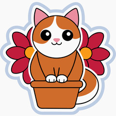 Cartoon a cute cat sitting by the window surrounded with flowers in a pot, on a white background