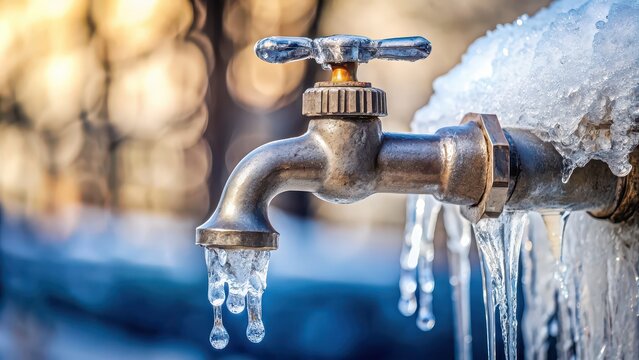 Close-up of a frozen faucet with icicle-covered water pipe, winter, cold, frozen, frost, icy, chill, water, pipe, plumbing, defrost