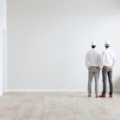 Two engineers with hard hats examining a large empty room with wooden flooring, planning construction or renovation.