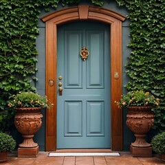 A sky-colored door with pots on both sides and a leafy vine on either side of the door a white carpet is placed in front of the door