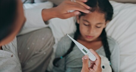 Thermometer, sick and mother with child in home for recovery of flu, cold or allergies in bed. Illness, temperature and mom checking girl kid for fever in bedroom for treatment at family house.