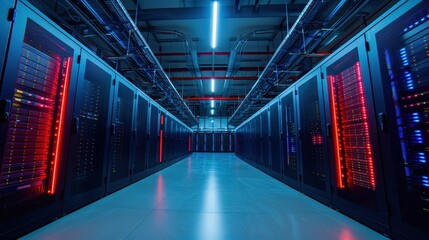 Modern data center server room with rows of supercomputers and blue lighting, representing advanced technology and digital infrastructure.