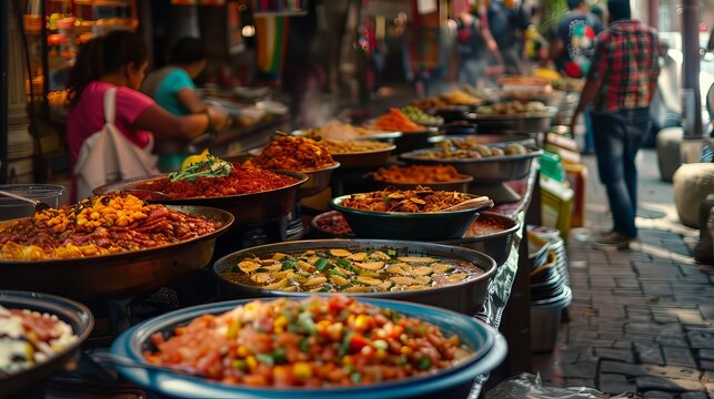 Street food market with various delicious dishes from around the world