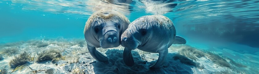 Naklejka premium Two manatees swimming underwater in a clear blue sea, showing unique marine life in their natural habitat.