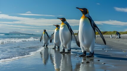 Fototapeta premium Numerous king penguins walking on the beach at St. Andrews