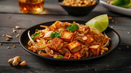 Fototapeta premium A plate of Pad Thai with stirfried noodles, tofu, peanuts, and a lime wedge