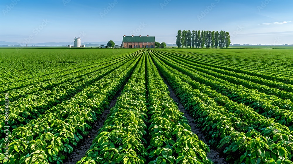 Poster lush green fields of hops stretching towards a horizon with a rustic brick brewery building in the d