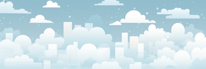 illustration of a cityscape with tall, white buildings and large, fluffy white clouds in a light blue sky