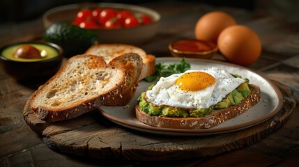 A rustic wooden table laden with wholegrain bread, avocado toast, and a poached egg