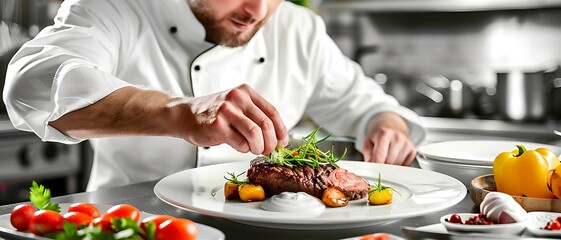 Professional chef plating gourmet dish, adding garnish in well-equipped kitchen