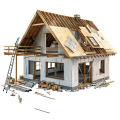 House Under Construction with Tools and Materials White Isolated on Transparent or White Background, PNG