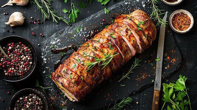 Pork stuffed roll prepared on the grill, roll, dinner, stuffed turkey breast roll for festive dinner, Close up