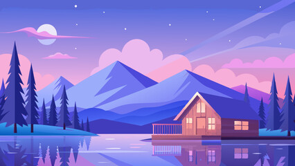 Cozy cabin by the lake under the starry sky: vector illustration.The tranquility of nature: a photo of a landscape with a cabin by the lake under the starry sky. Bright colors of the night: vector il 