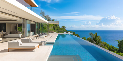Fototapeta premium modern luxury home with a showcase patio that overlooks a stunning swimming pool and a sunny ocean view