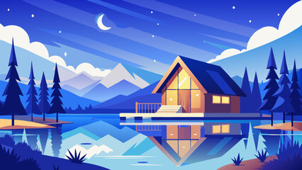 Cozy cabin by the lake under the starry sky: vector illustration.The tranquility of nature: a photo of a landscape with a cabin by the lake under the starry sky. Bright colors of the night: vector il 