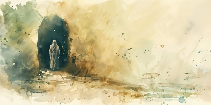 Figure walks towards right side of frame in white robe carrying bag on beige background. Minimalist watercolor painting biblical scene Resurrection of Lazarus. Man emerges from tomb.