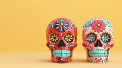 Fototapeta premium Two colorful sugar skulls with floral designs on a yellow background, representing Mexican Day of the Dead traditions.