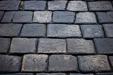 Fototapeta premium Processed collage of pavement cobble stones surface texture. Background for banner, backdrop