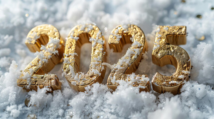Golden 2025 numbers in snow, celebrating the new year with a festive winter theme, highlighting the upcoming year and holiday season.