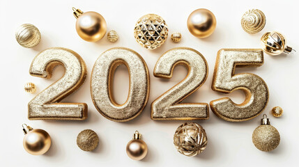 Golden 2025 numbers surrounded by elegant holiday ornaments on a white background, perfect for New Year and celebration themes.