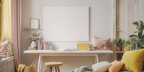 a small-sized blank whiteboard mounted on a wall above a working table in a girl's room