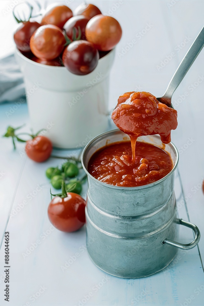 Wall mural tomato sauce in metal bank and on a table