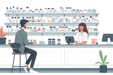 Obraz premium Pharmacist Counseling a Customer at the Pharmacy Counter with Medicines Displayed