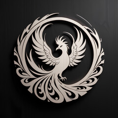 Fototapeta premium A majestically reborn phoenix emerges from swirling ashes in the design of a round black and white logo