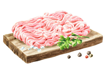 Minced chicken. Cooking food concept. Hand drawn watercolor illustration isolated on white background