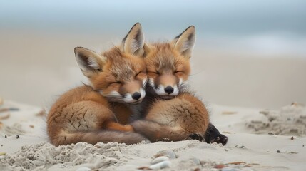 Wild baby red foxes cuddling at the beach