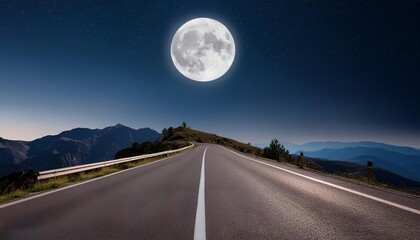 deserted mountain asphalt highway without vehicles with moonlight at night